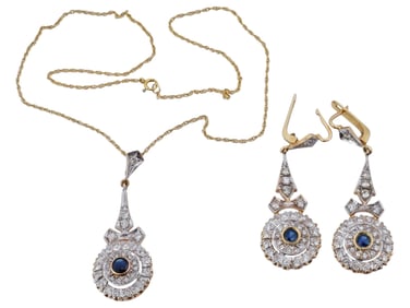 GOLD DIAMONDS SAPPHIRES NECKLACE AND EARRINGS SET