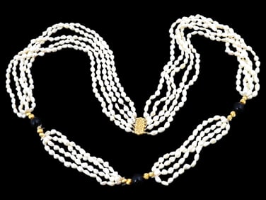 FRESHWATER PEARLS WITH GOLD AND ONYX NECKLACE