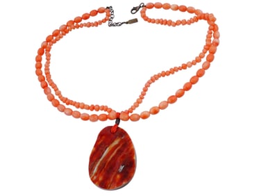 PEYOTE BIRD CORAL BEAD NECKLACE W MOTHER OF PEARL