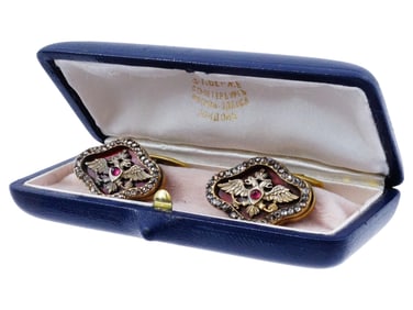RUSSIAN EAGLE SILVER ENAMEL RUBY DIAMONDS CUFFLINKS