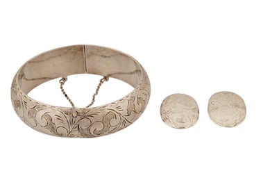 THAI ST SILVER CLIP ON EARRINGS AND BANGLE BRACELET