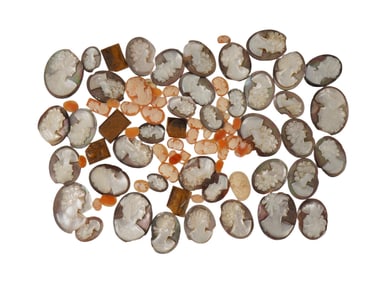 COLLECTION OF 91 ANTIQUE HAND CARVED BROKEN CAMEOS