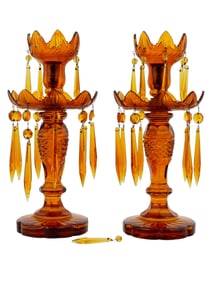 19TH C ANTIQUE BOHEMIAN HONEY GLASS CANDLESTICKS