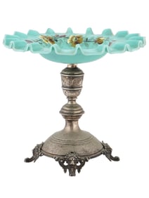 ANTIQUE FRENCH SILVER PLATED BLUE GLASS ENAMEL CENTERPIECE