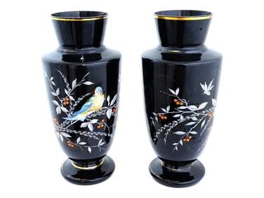 PAIR OF ANTIQUE EARLY 20TH C ENAMELED GLASS VASES