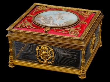 ANTIQUE FRENCH CRYSTAL AND BRONZE BOX WITH MINIATURE
