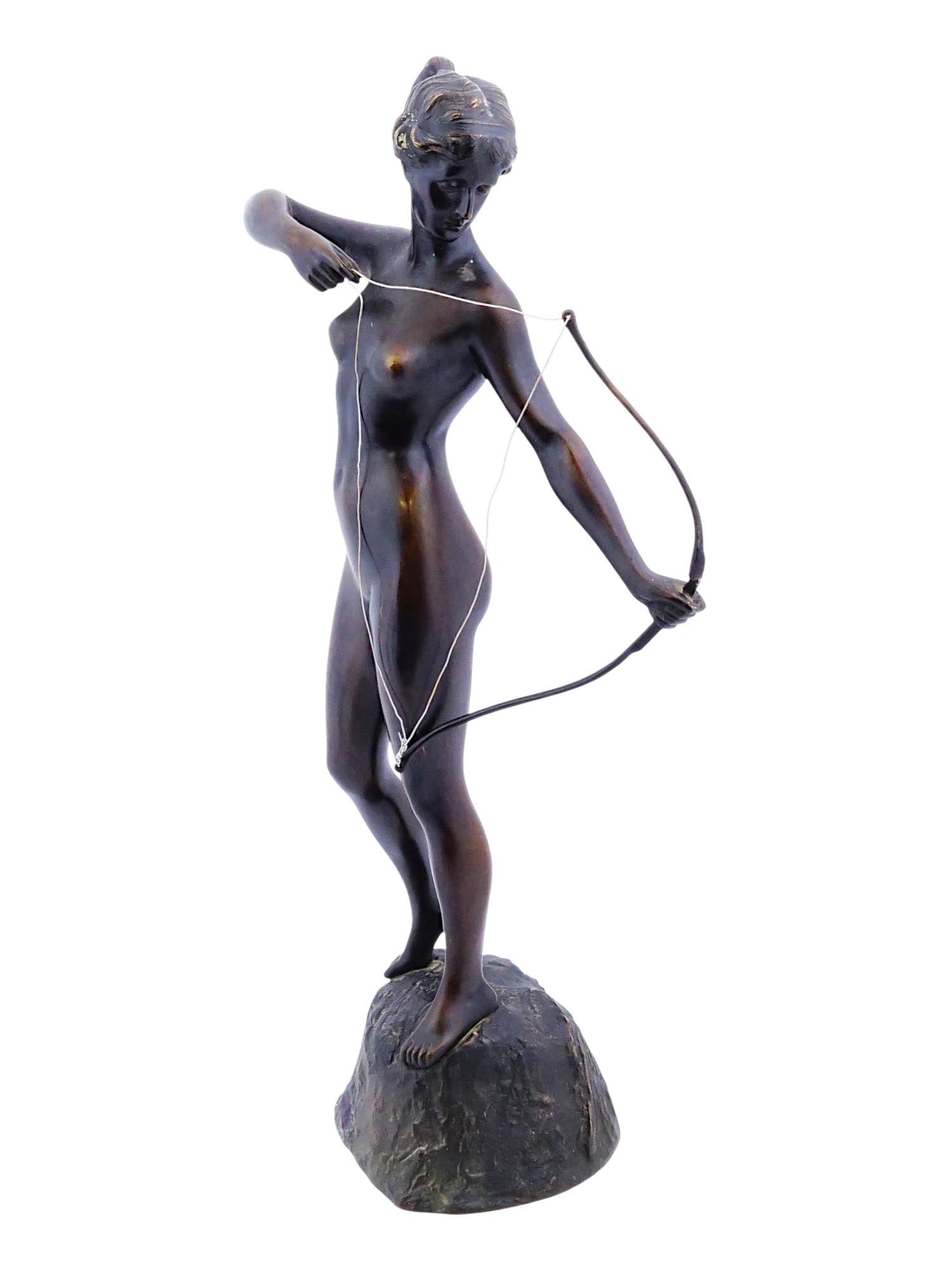 FRANZ IFFLAND ART DECO BRONZE SCULPTURE FEMALE ARCHER: Franz Iffland, German, 1862 to 1935, cast bronze sculpture of a standing nude woman with a bow. Art Deco era, ca. 1920s to 1930s. Signed on the base. Franz Iffland is best known for his Art Nouveau br