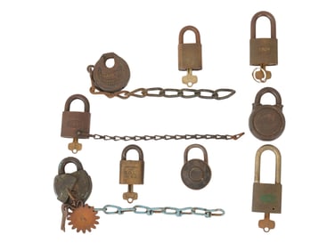 LOT OF ANTIQUE BRASS RAIL ROAD LOCKS WITH KEYS