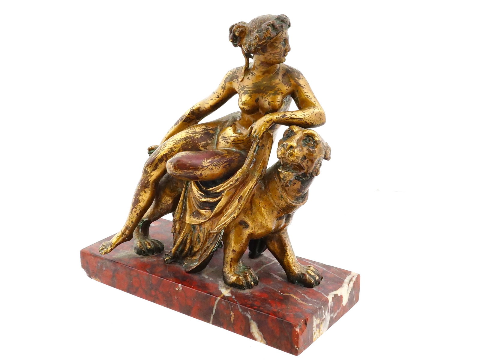 ANTIQUE 19TH C GRAND TOUR BRONZE AFTER DANNECKER: A small antique 19th century Italian Grand Tour bronze sculpture of Ariadne and the Panther depicting the nude figure of Ariadne seated on the panther, sculpted after the original by Johann Heinrich D