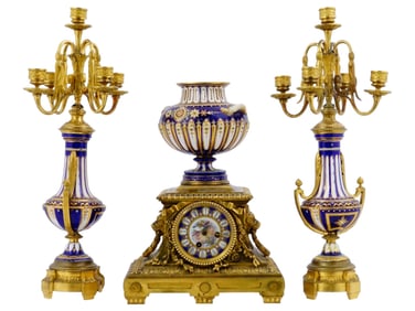 FRENCH SEVRES PORCELAIN ORMOLU CLOCK CANDELABRAS SET