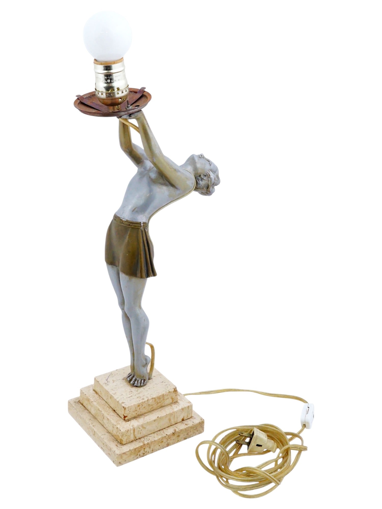 ANTIQUE ART DECO SPELTER LAMP BY ENRIQUE M BALLESTE: An antique Art Deco spelter lady lamp designed by Enrique Molins Balleste, 1893 to 1958, Spanish sculptor. The lamp depicts a semi-nude dancer with her back arched, holding a lamp in her hands. It is