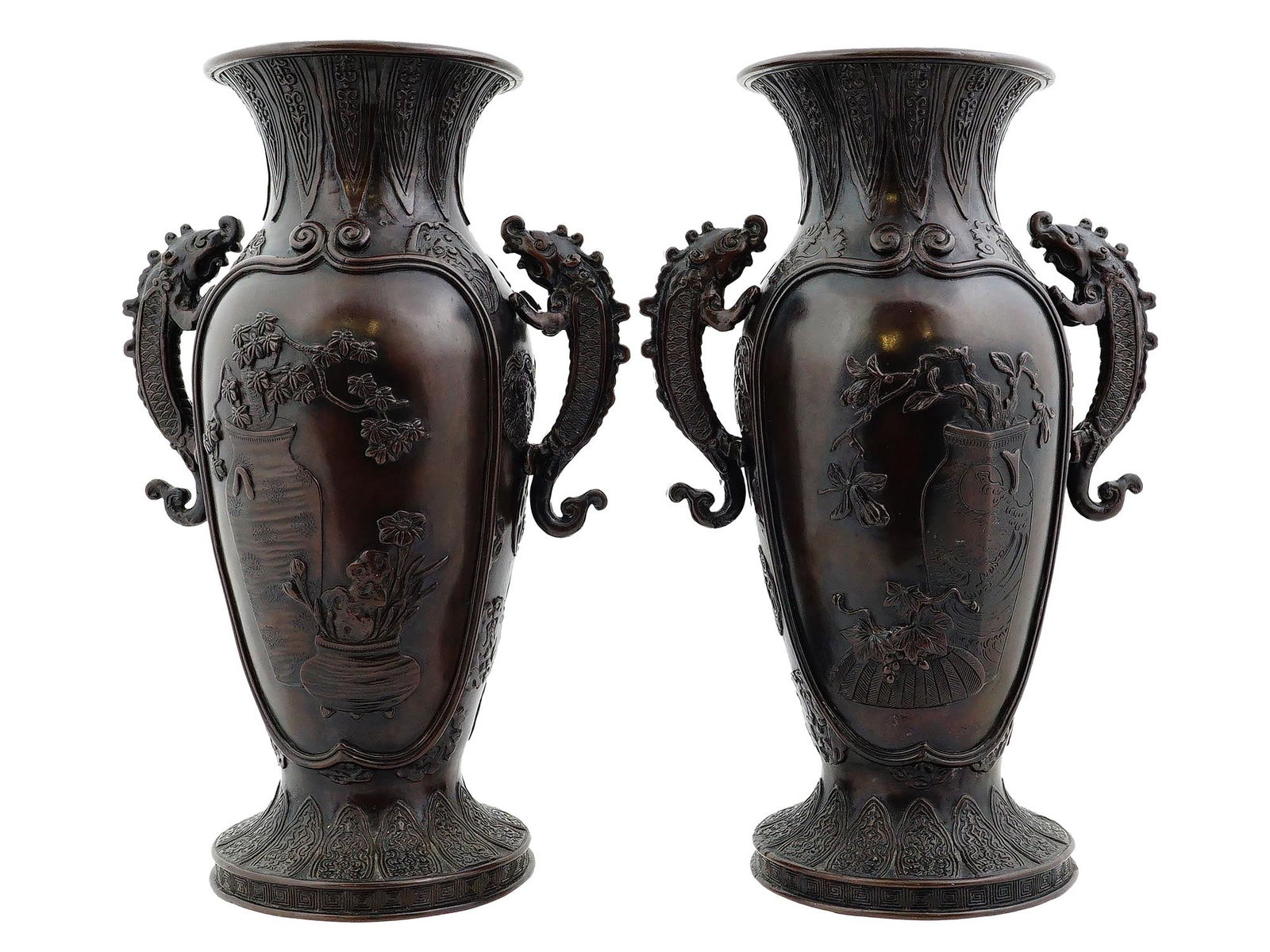 ANTIQUE JAPANESE MEIJI BRONZE BASES W DRAGON HANDLES (1 of 7)