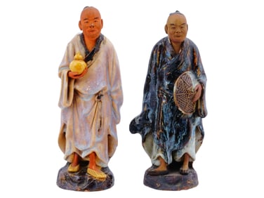 PAIR OF CHINESE HAND PAINTED CERAMIC FIGURES OF MEN
