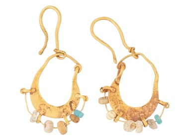 PAIR OF ANCIENT HELLENISTIC GOLD GLASS BEAD EARRINGS