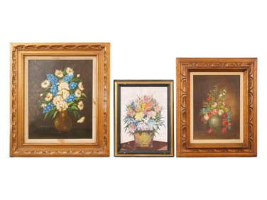GROUP OF THREE STILL LIFE FLOWERS OIL PAINTINGS