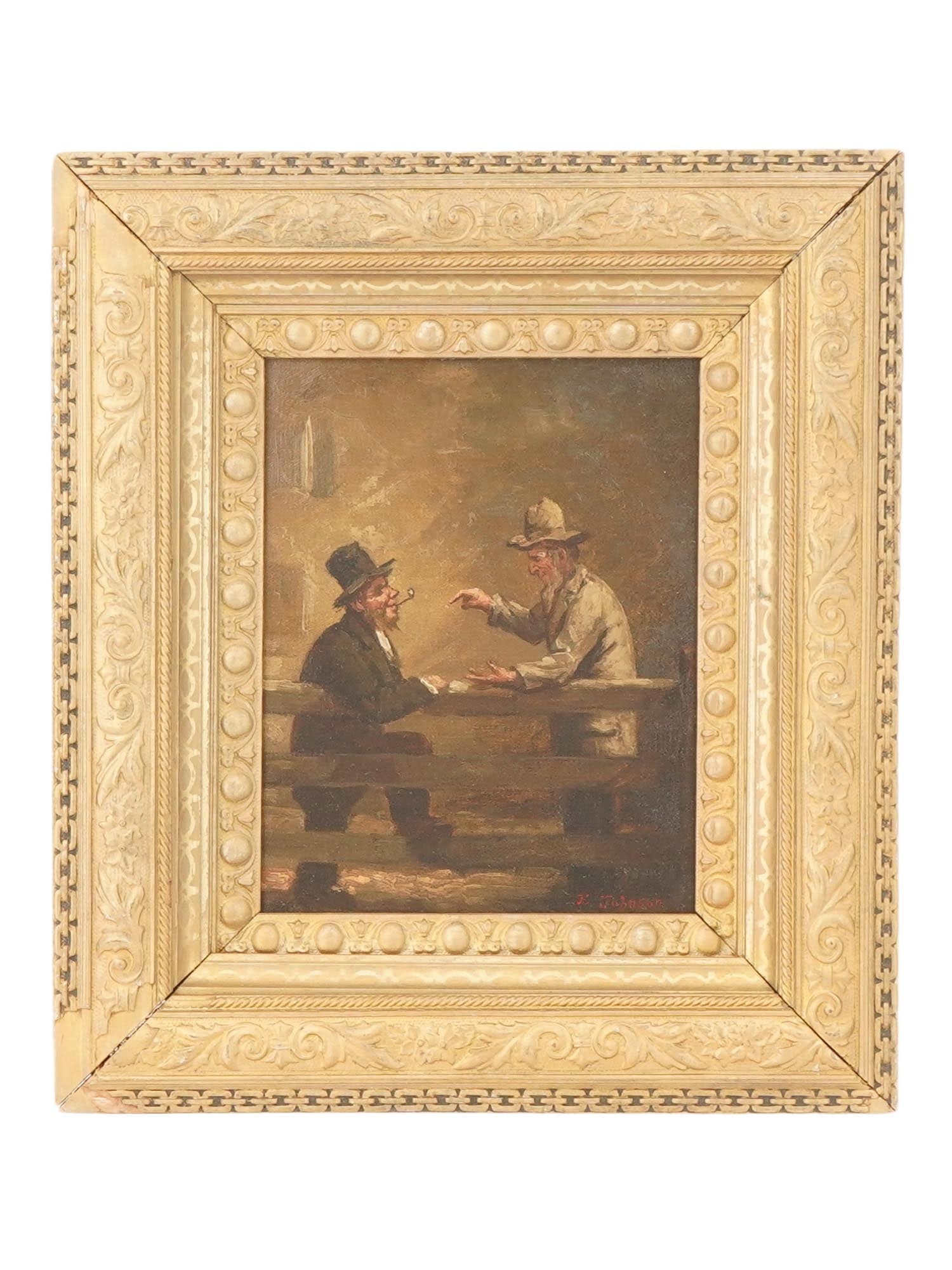 AMERICAN PAINTING ATTR TO EASTMAN JOHNSON MALE FIGURES: An oil on board painting attributed to Eastman Johnson, American, 1824 to 1906, presenting a detailed portrait of two male figures. The composition showcases Johnsons masterful control of light, shado