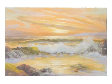 MID CENTURY OIL PAINTING SUNSET MARINE SCENE