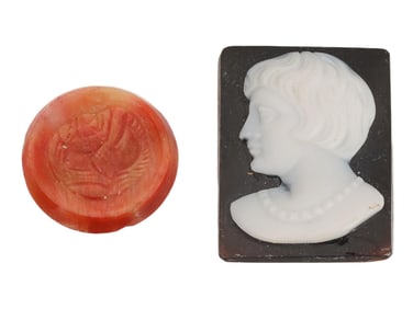 TWO ANTIQUE SHELL ONYX AND CARNELIAN CAMEOS