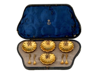 RUSSIAN GILT SILVER DIAMOND RUBY CAVIAR DISH SET