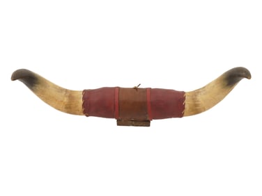 MOUNTED STEER OR BULL HORNS WITH LEATHER WRAPPING