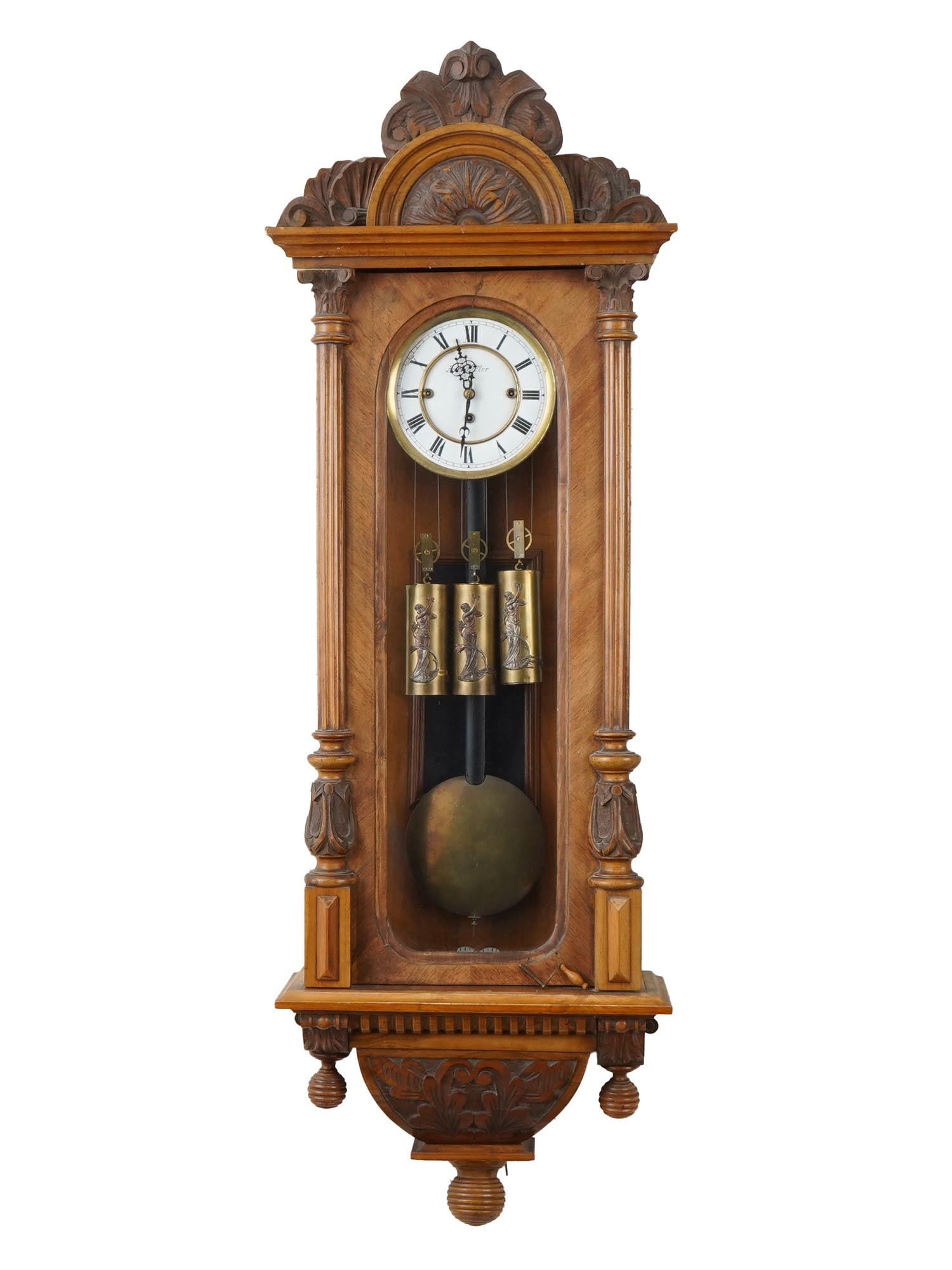 GERMAN GUSTAV BECKER 3 WEIGHT CHIMING WOOD WALL CLOCK: A German three weight wood wall clock with chimes with a weight bearing mechanism from the Gustav Becker German factory. Grand sonnerie mechanism. The clock is made in the Neoclassical design and ador