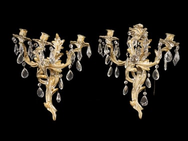 PAIR OF VINTAGE BRASS AND CRYSTAL WALL SCONCES