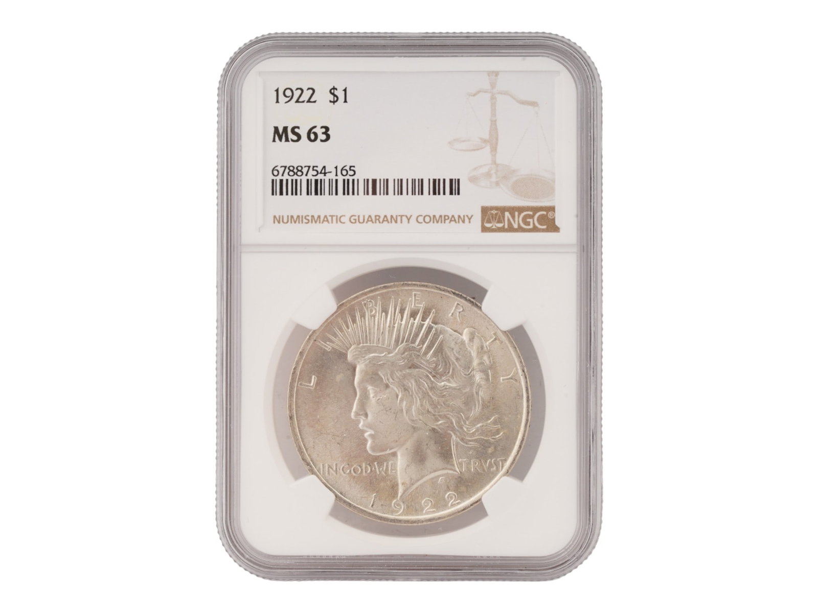 1922 UNITED STATES GRADED MS63 PEACE SILVER DOLLAR COIN (1 of 6)