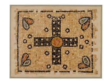 ANCIENT BYZANTINE MOSAIC CROSS W LOTUS 300 TO 600 AD