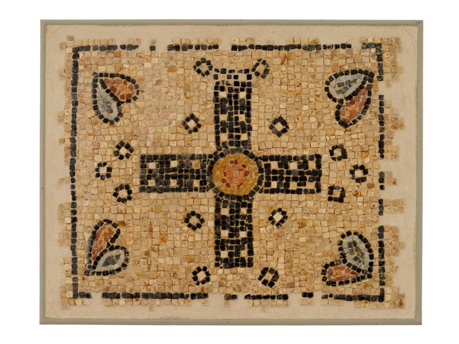 ANCIENT BYZANTINE MOSAIC CROSS W LOTUS 300 TO 600 AD (1 of 3)