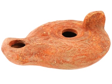 ANCIENT ROMAN PAINTED TERRACOTTA OIL LAMP 100 TO 300 AD