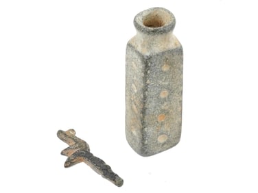 ANCIENT ROMAN KOHL CONTAINER AND BRONZE BIRD STICK