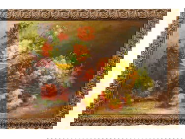 FRUITS AND FLOWERS STILL LIFE OIL PAINTING SIGNED BILL