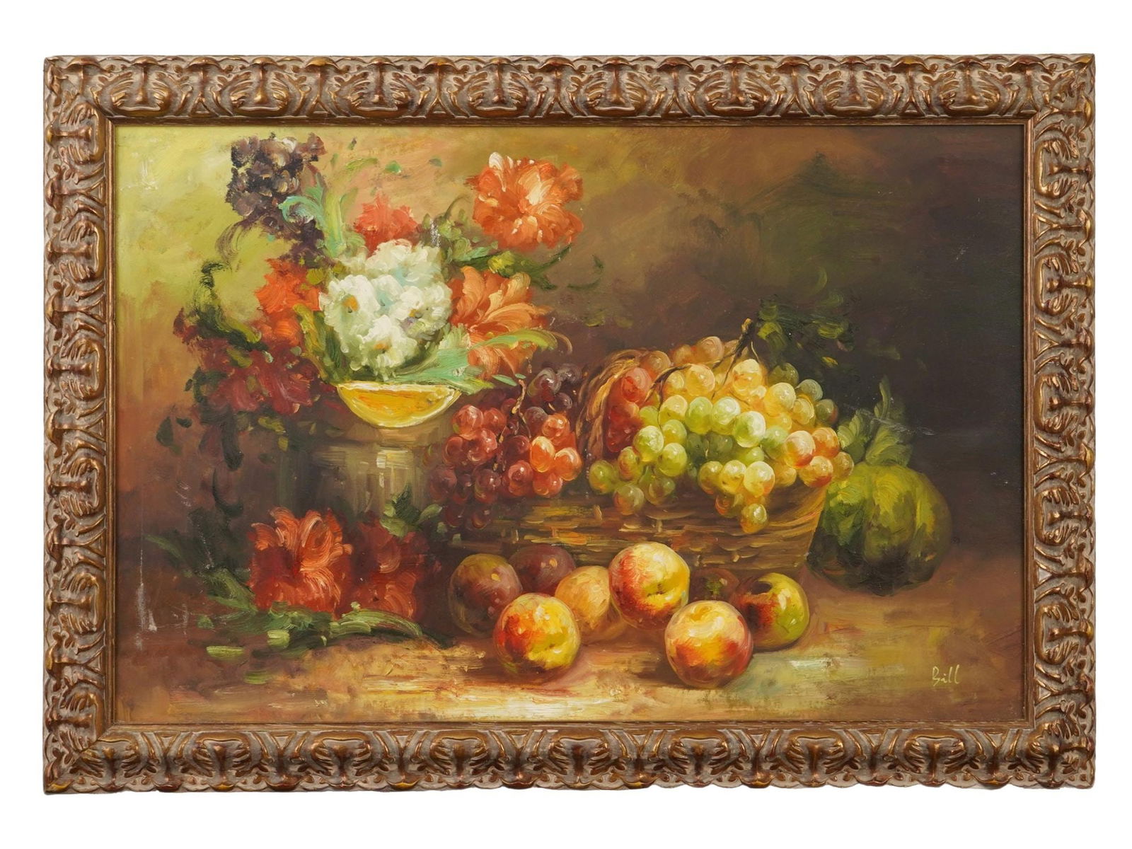 FRUITS AND FLOWERS STILL LIFE OIL PAINTING SIGNED BILL (1 of 4)