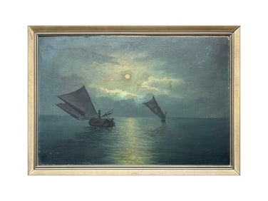 EUROPEAN SCHOOL MOONLIGHT SEASCAPE OIL PAINTING FRAMED