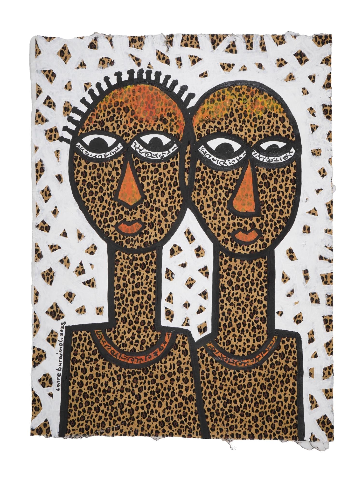 LANRE BURAIMOH NIGERIAN PAINTING ON FABRIC W COA: Lanre Buraimoh, Nigerian, born 1976, acrylic on cheetah fabric painting. The artwork depicts a double portrait. Titled Accord. Signed and dated 2025 in the lower left. Unframed. The artwork comes with