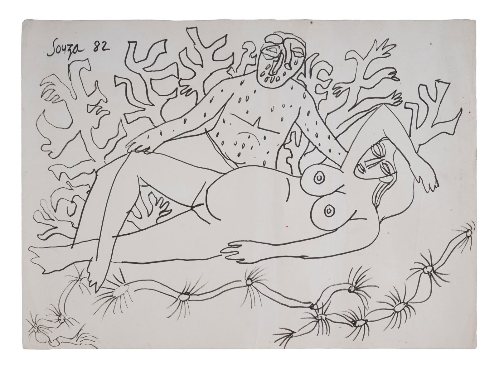 INDIAN MARKER PAINTING SIGNED FRANCIS NEWTON SOUZA 82: Signed Francis Newton Souza, Indian, 1924 to 2002, a marker on paper painting depicting two nude figures - male and female, 1982. Signed and dated, upper left. Francis Newton Souza known as F.N. Souza