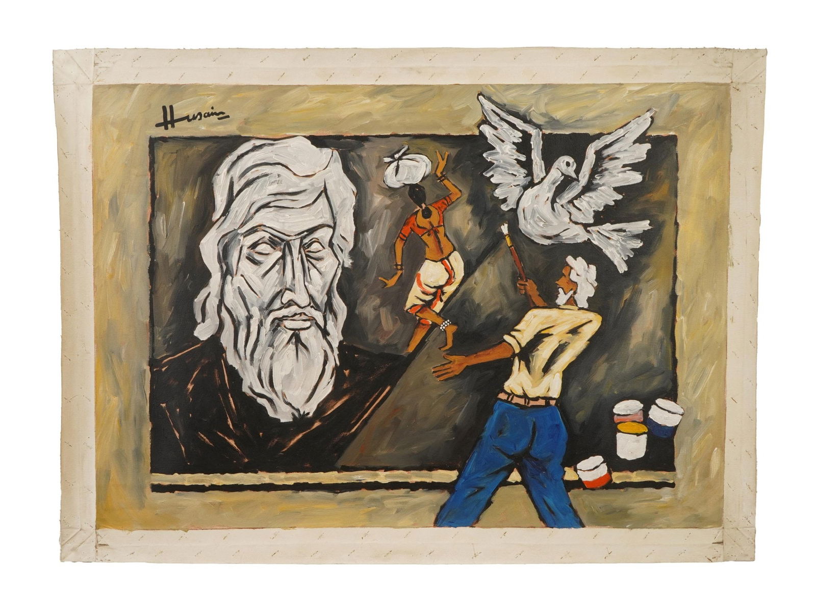 MID CENTURY INDIAN SCHOOL PAINTING SIGNED HUSAIN (1 of 4)