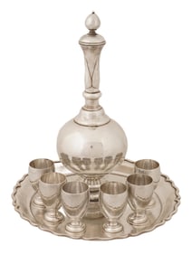 RUSSIAN SILVER LIQUOR SET W DECANTER TRAY 6 SHOT CUPS