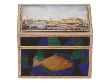 RUSSIAN SILVER DIAMONDS STONE BOX W ENAMEL PAINTING