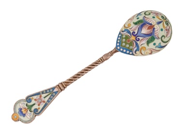 RUSSIAN GILT SILVER CLOISONNE ENAMEL TABLE SPOON