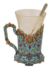 RUSSIAN SILVER ENAMEL TEA GLASS HOLDER W GLASS AND SPOON