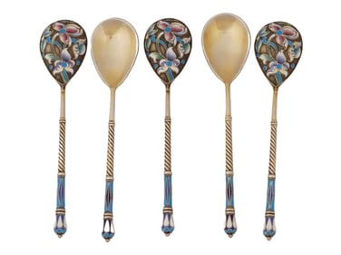 RUSSIAN 88 SILVER CLOISONNE ENAMEL TEA SPOONS SET