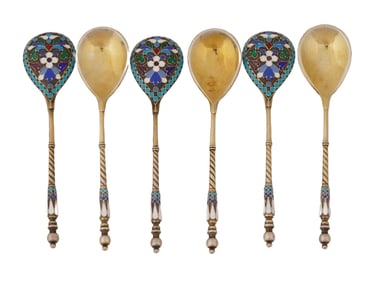 RUSSIAN GILT SILVER CLOISONNE ENAMEL DEMITASSE SPOONS