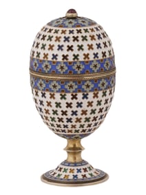 RUSSIAN GILT SILVER PLIQUE A JOUR ENAMEL EASTER EGG