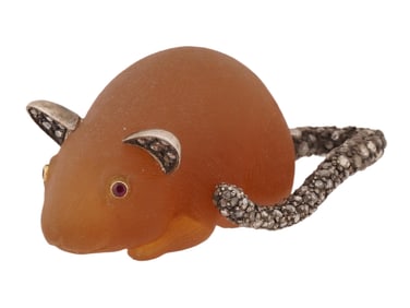 RUSSIAN AGATE DIAMONDS RUBY GOLD MOUSE FIGURINE