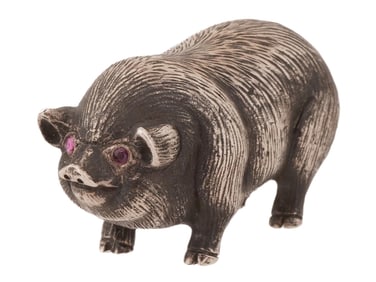 RUSSIAN SOLID SILVER FIGURINE OF PIG W RUBY EYES