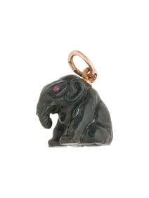 RUSSIAN 14K GOLD CARVED JADE RUBY ELEPHANT PENDANT