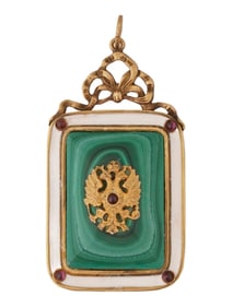 RUSSIAN IMPERIAL GILT SILVER ENAMEL MALACHITE PENDANT