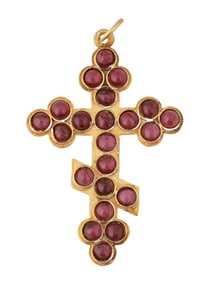 RUSSIAN GILT SILVER CROSS PENDANT WITH GARNETS