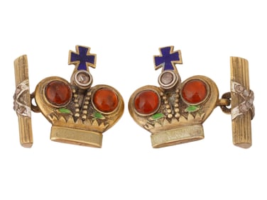 RUSSIAN GILT SILVER ENAMEL GEMS DIAMONDS CROWN CUFFLINKS